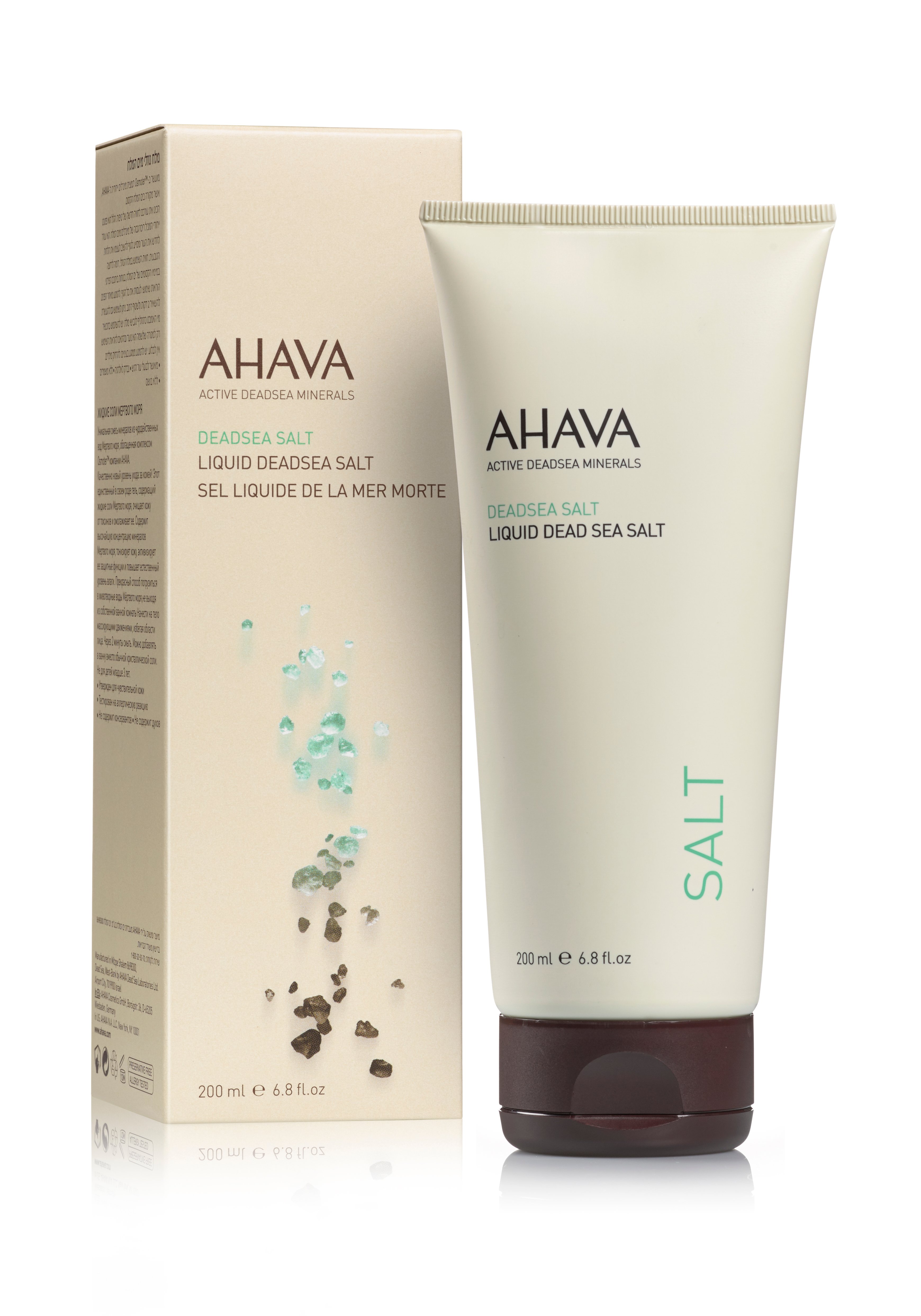AHAVA Totes Meer Salz Flüssigkeit 200 ml Tube neben Verpackung mit Produktbeschreibung.