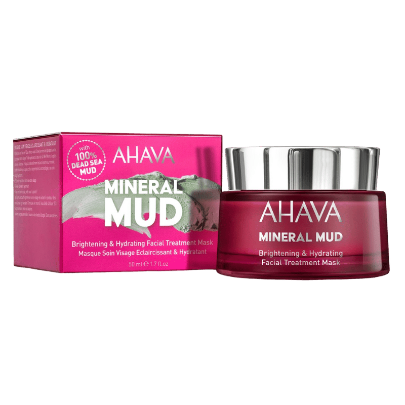AHAVA Mineral Mud Brightening & Hydrating Facial Treatment Mask in roter Verpackung und Glasbehälter.