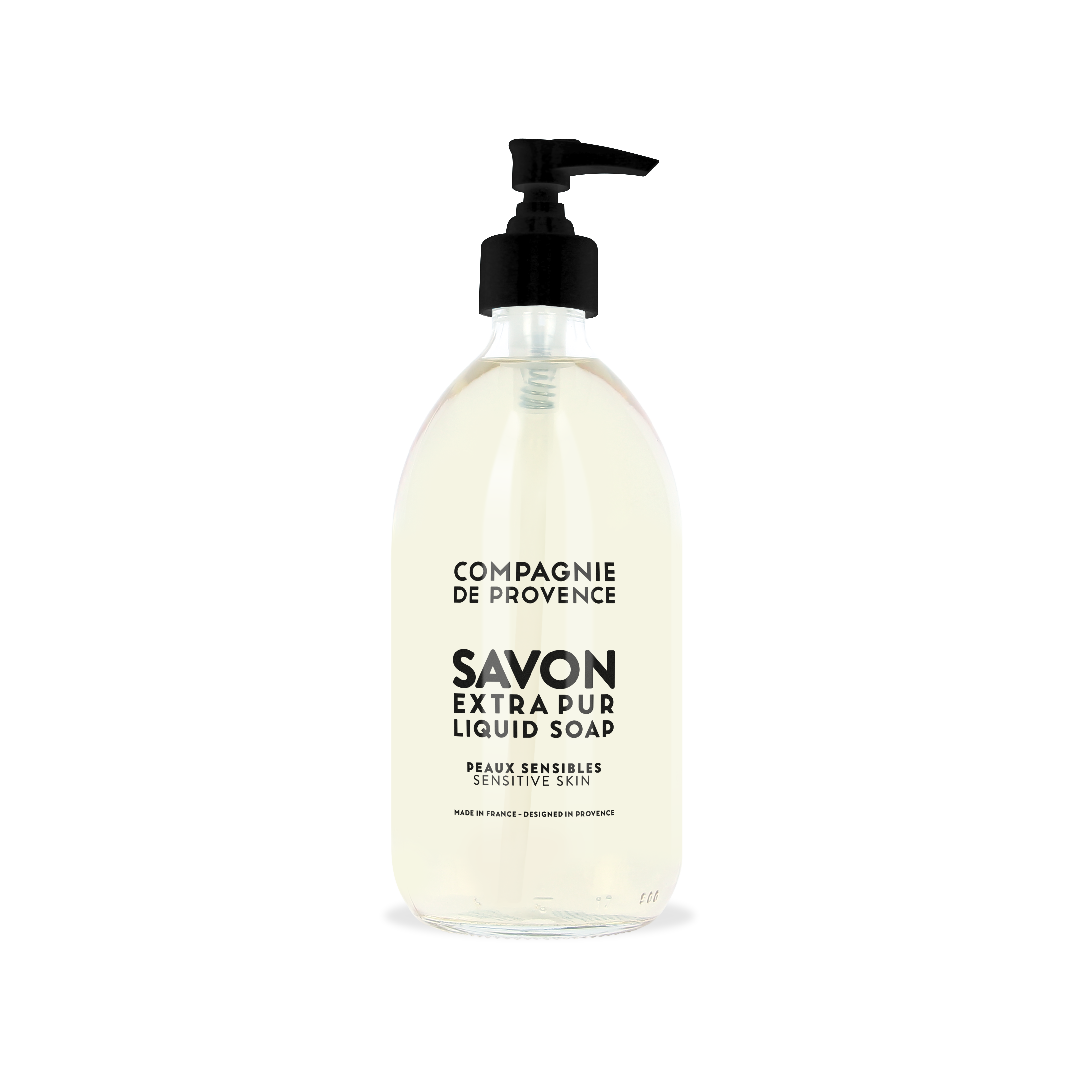 Flasche Compagnie de Provence Savon Extra Pur Flüssigseife für empfindliche Haut, 495 ml, mit Pumpspender.