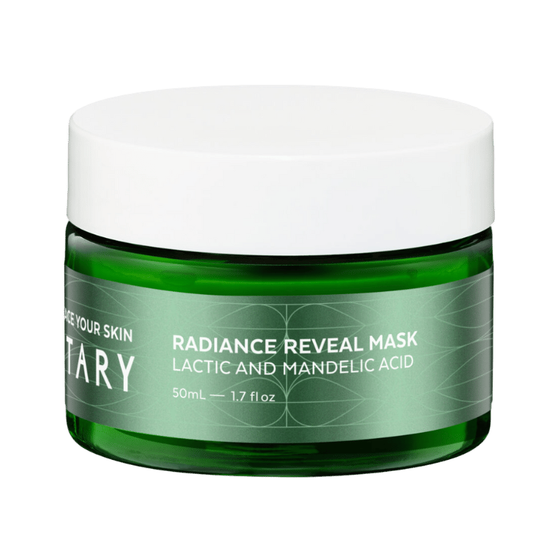 Grünes Glasgefäß mit weißem Deckel, VOTARY Radiance Reveal Mask, Lactic and Mandelic Acid, 50ml.