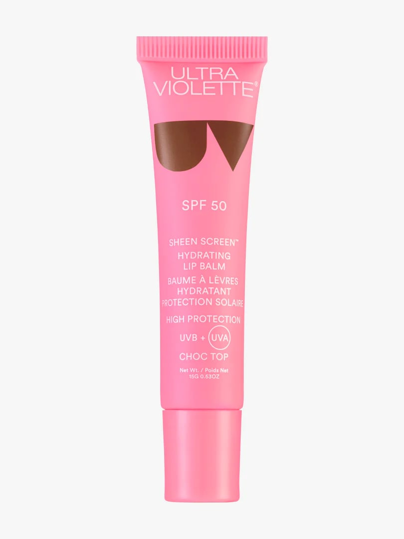Rosa Lippenbalsam-Tube mit SPF 50 von Ultra Violette, Produktname 'Choc Top'.