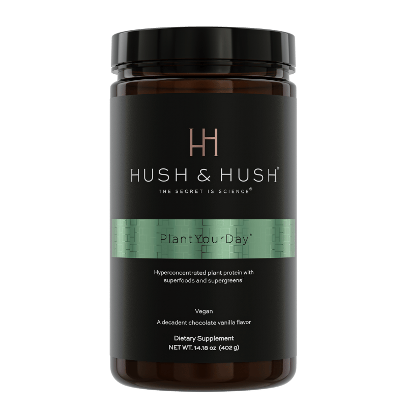 Hush & Hush PlantYourDay Nahrungsergänzungsmittel, veganes Proteinpulver mit Superfoods, 402g, Schokoladen-Vanille-Geschmack.