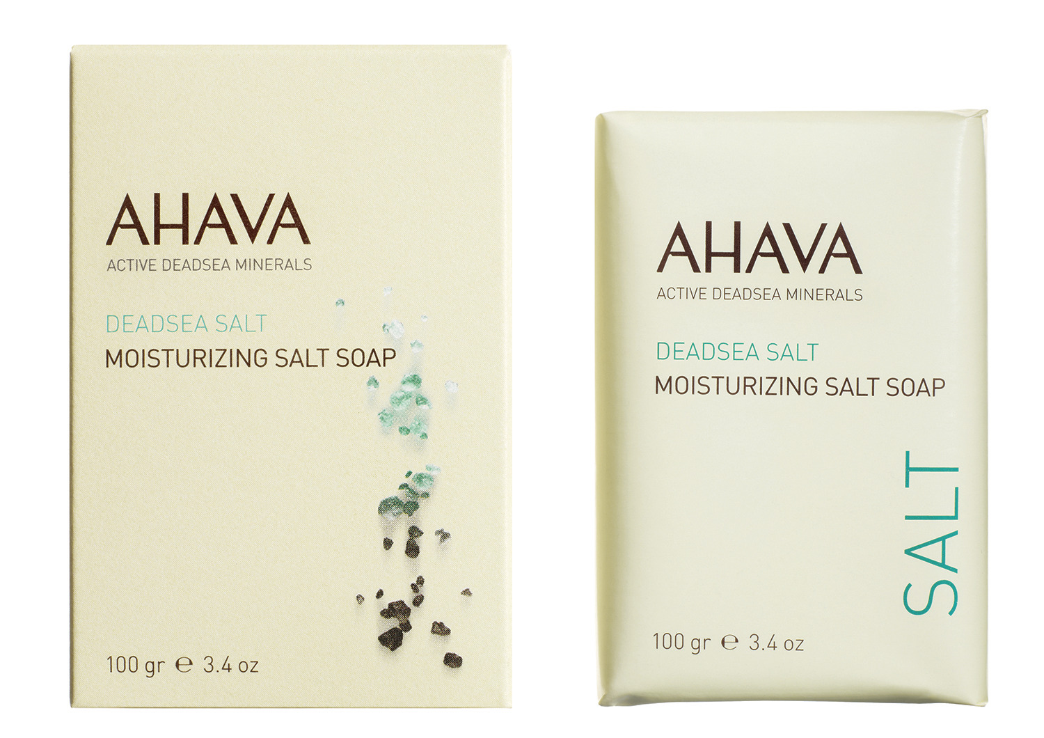 Zwei Packungen AHAVA Deadsea Salt Moisturizing Salt Soap, 100g, beige Verpackung mit blauen und schwarzen Salzpartikeln.