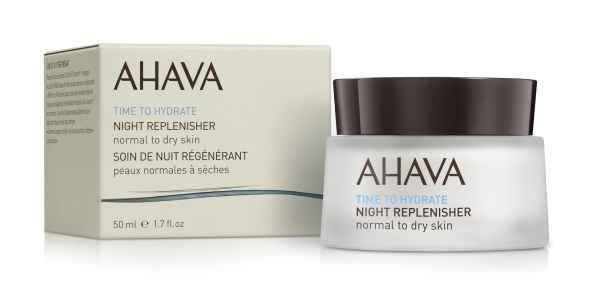 AHAVA Time to Hydrate Nachtcreme für normale bis trockene Haut, 50 ml, neben der Verpackung.