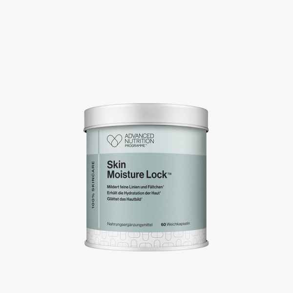 Dose von Advanced Nutrition Skin Moisture Lock Nahrungsergänzungsmittel mit 60 Weichkapseln zur Hautpflege.