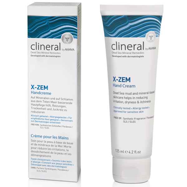 Clineral X-ZEM Handcreme, 125 ml Tube und Verpackung, entwickelt von Dermatologen, basierend auf Mineralien und Schlamm aus dem Toten Meer.