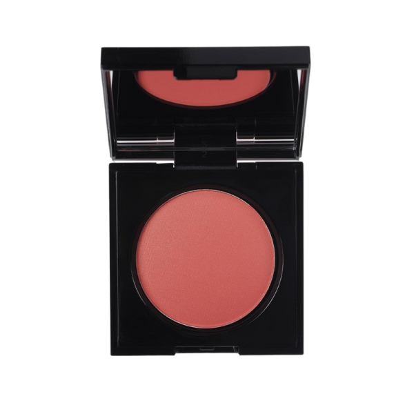 KORRES Wild Rose Rouge in Bright Coral, geöffnetes schwarzes Etui mit Spiegel.