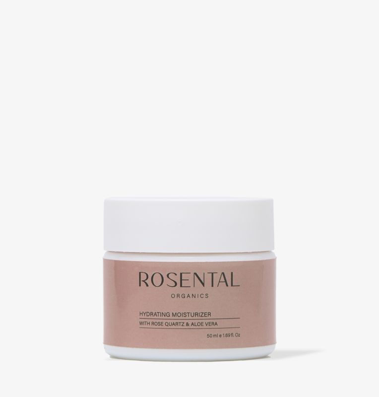 Rosental Organics Feuchtigkeitscreme mit Rosenquarz und Aloe Vera in einem weißen Tiegel mit rosa Etikett, 50 ml.