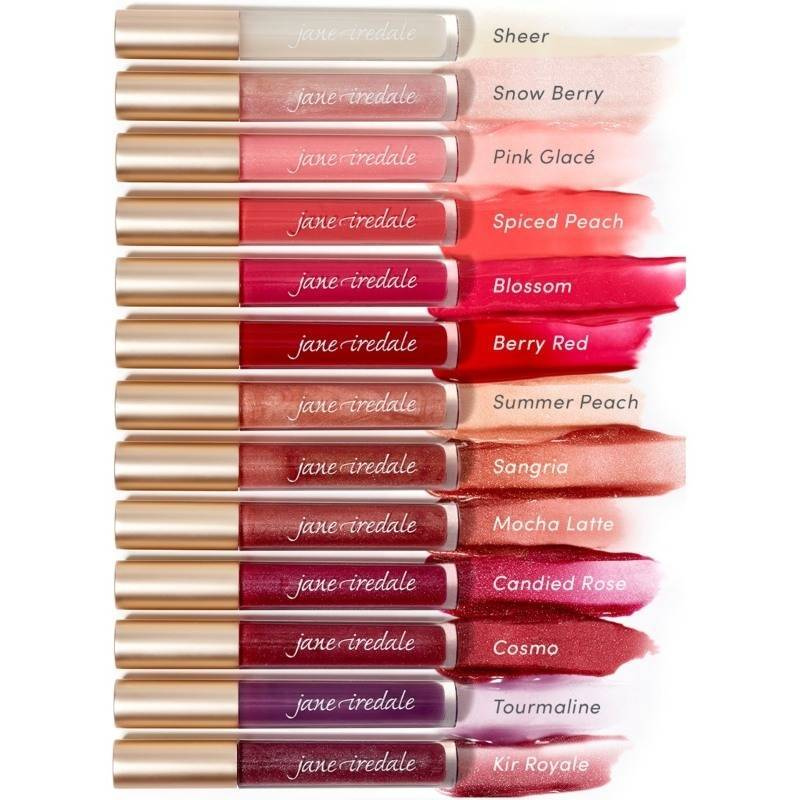 Jane Iredale HydroPure Hyaluronic Lip Gloss Farbpalette mit 12 Farben, darunter Sheer, Snow Berry, Pink Glacé, Spiced Peach, Blossom.