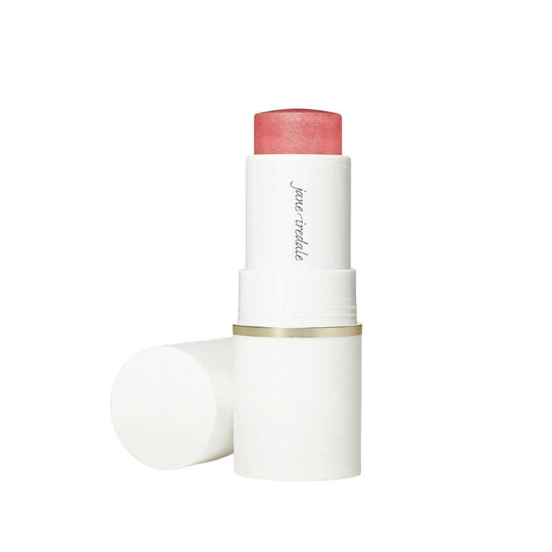 Ein geöffneter Blush-Stick in Rosa von Jane Iredale, mit abgenommenem Deckel, auf weißem Hintergrund.