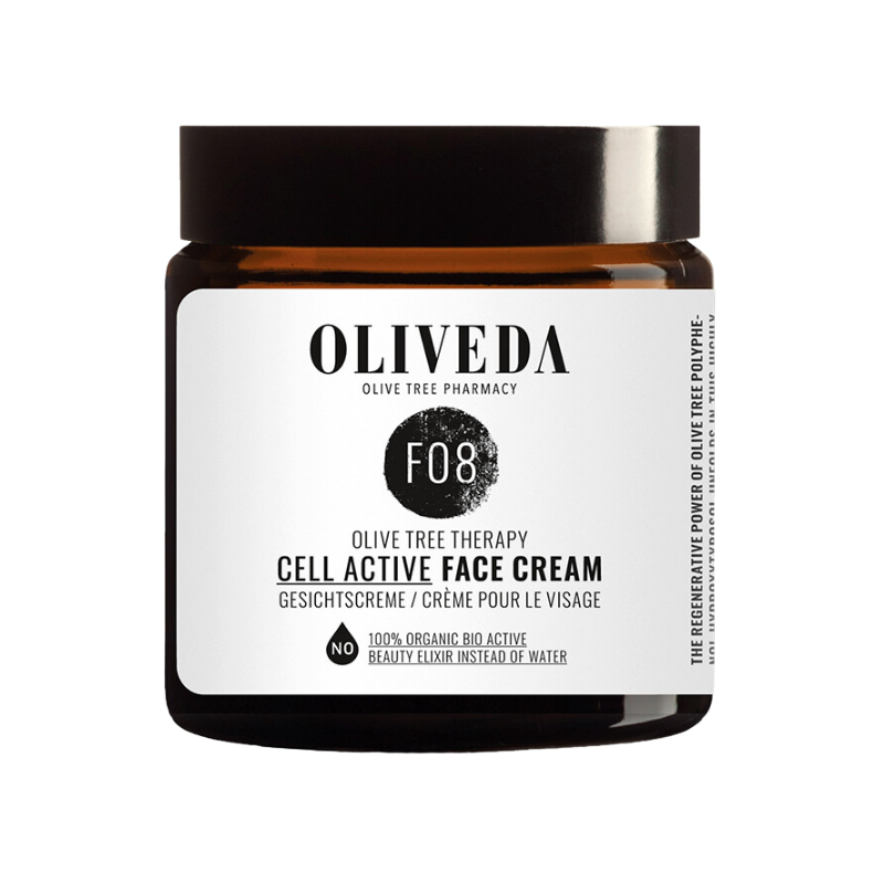 OLIVEDA F08 Gesichtscreme Cell Active in braunem Glasbehälter mit weißem Etikett.