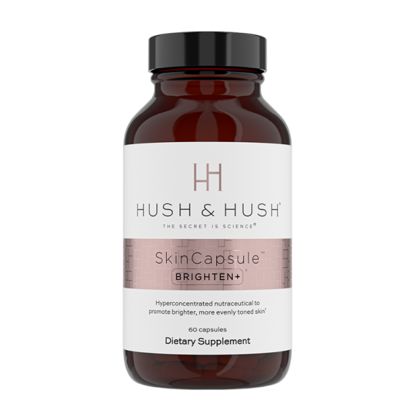 Braunes Fläschchen mit Hush & Hush SkinCapsule Brighten+ Nahrungsergänzungsmittel, 60 Kapseln.
