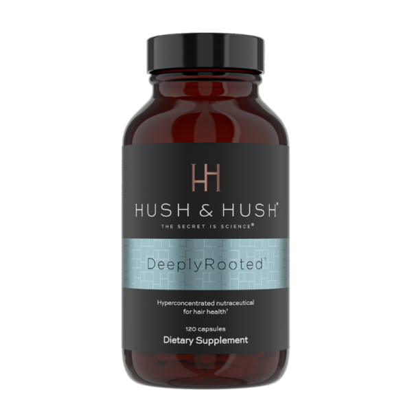 Hush & Hush DeeplyRooted Nahrungsergänzungsmittel für Haargesundheit, 120 Kapseln, braune Flasche mit blauem Etikett.
