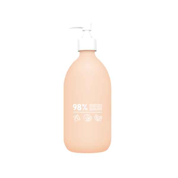Beigefarbene Flasche mit weißem Pumpspender, 98% natürliche Inhaltsstoffe, Symbole für Zitrone, Orange und Blätter.