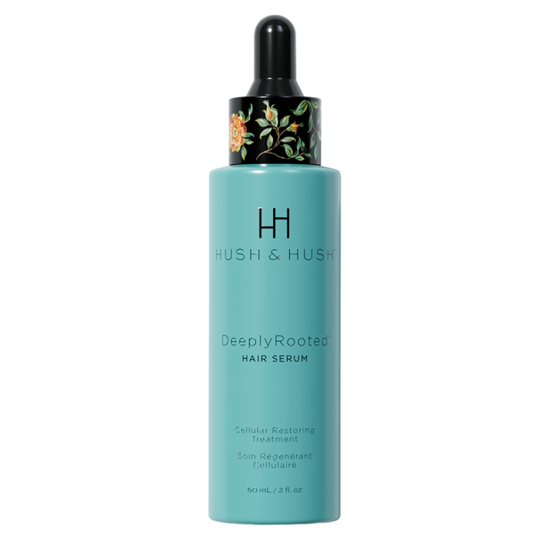 HUSH & HUSH DeeplyRooted Hair Serum, 60 ml, zellregenerierende Behandlung in türkisfarbener Flasche mit schwarzem Tropfverschluss.