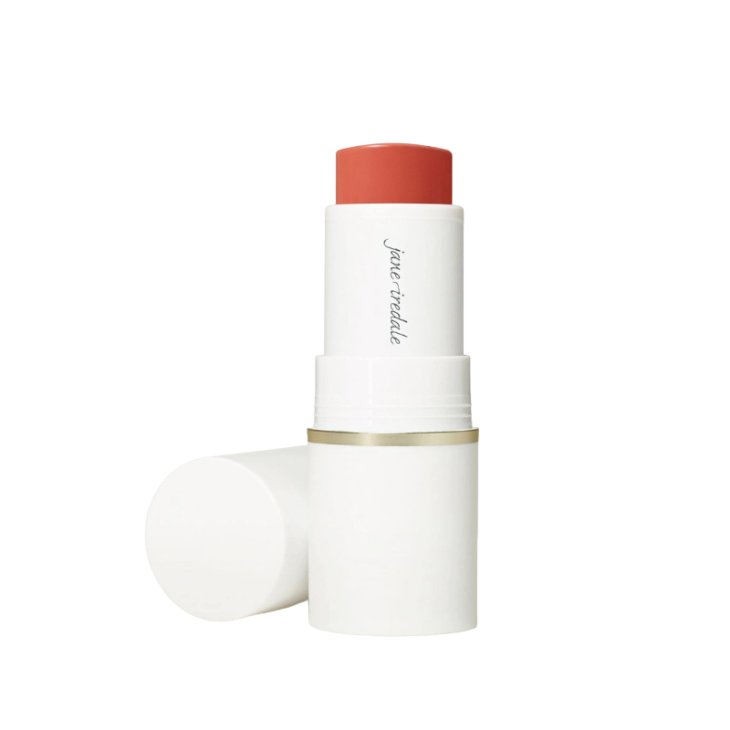 Ein geöffneter Glow Time Blush Stick in der Farbe Afterglow von Jane Iredale, aufrecht stehend mit abgenommenem Deckel.