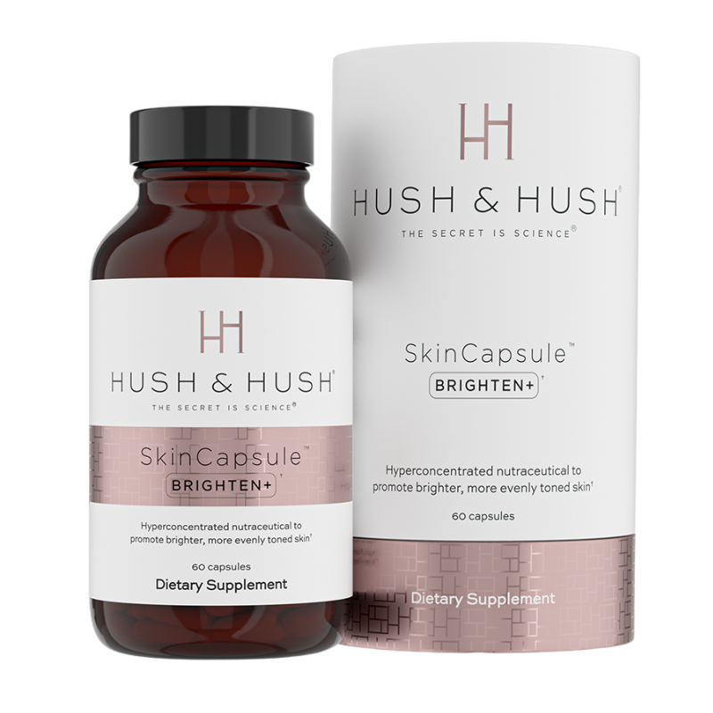 HUSH & HUSH SkinCapsule BRIGHTEN+ Nahrungsergänzungsmittel, 60 Kapseln, zur Förderung eines gleichmäßigeren Hauttons.